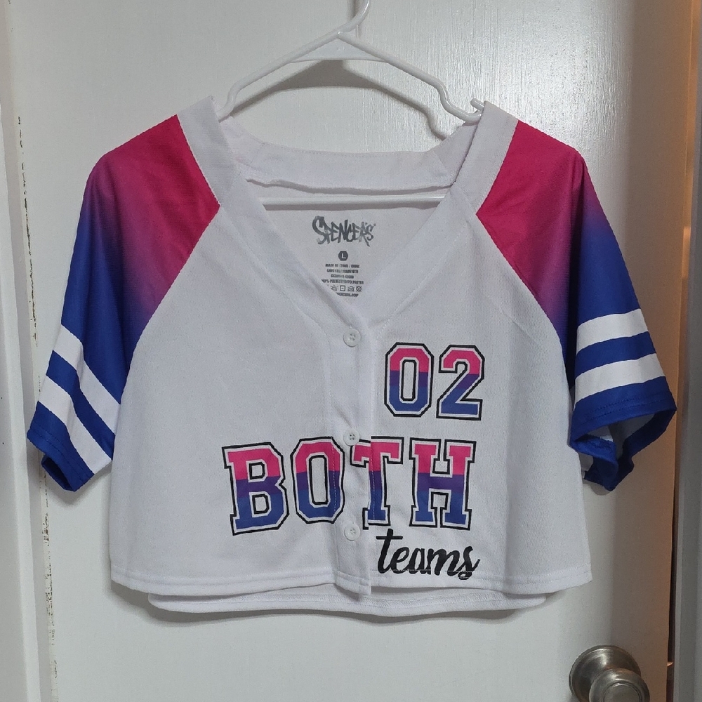 Spencer's White Crop Jersey with Pink and Blue Ombre Sleeves